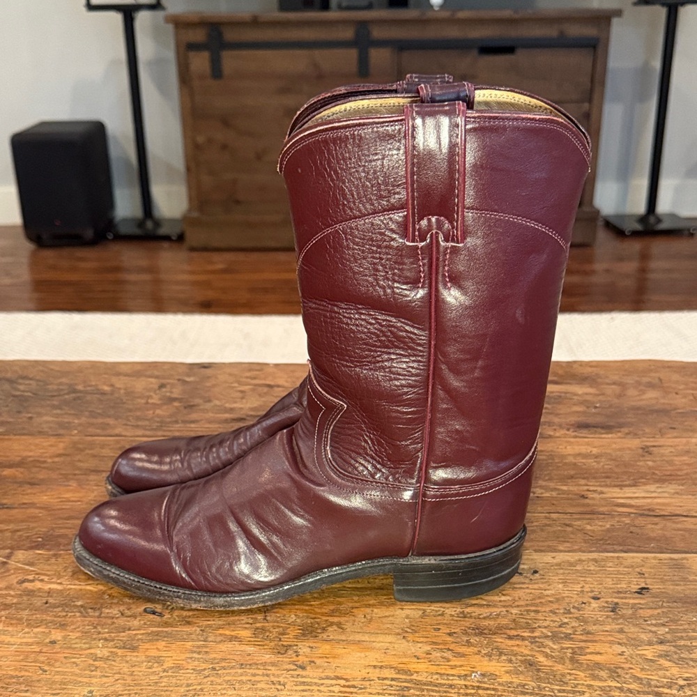 Mens Justin Burgundy Leather Vintage Western Cowboy Roper Boots 3037 Size 7.5